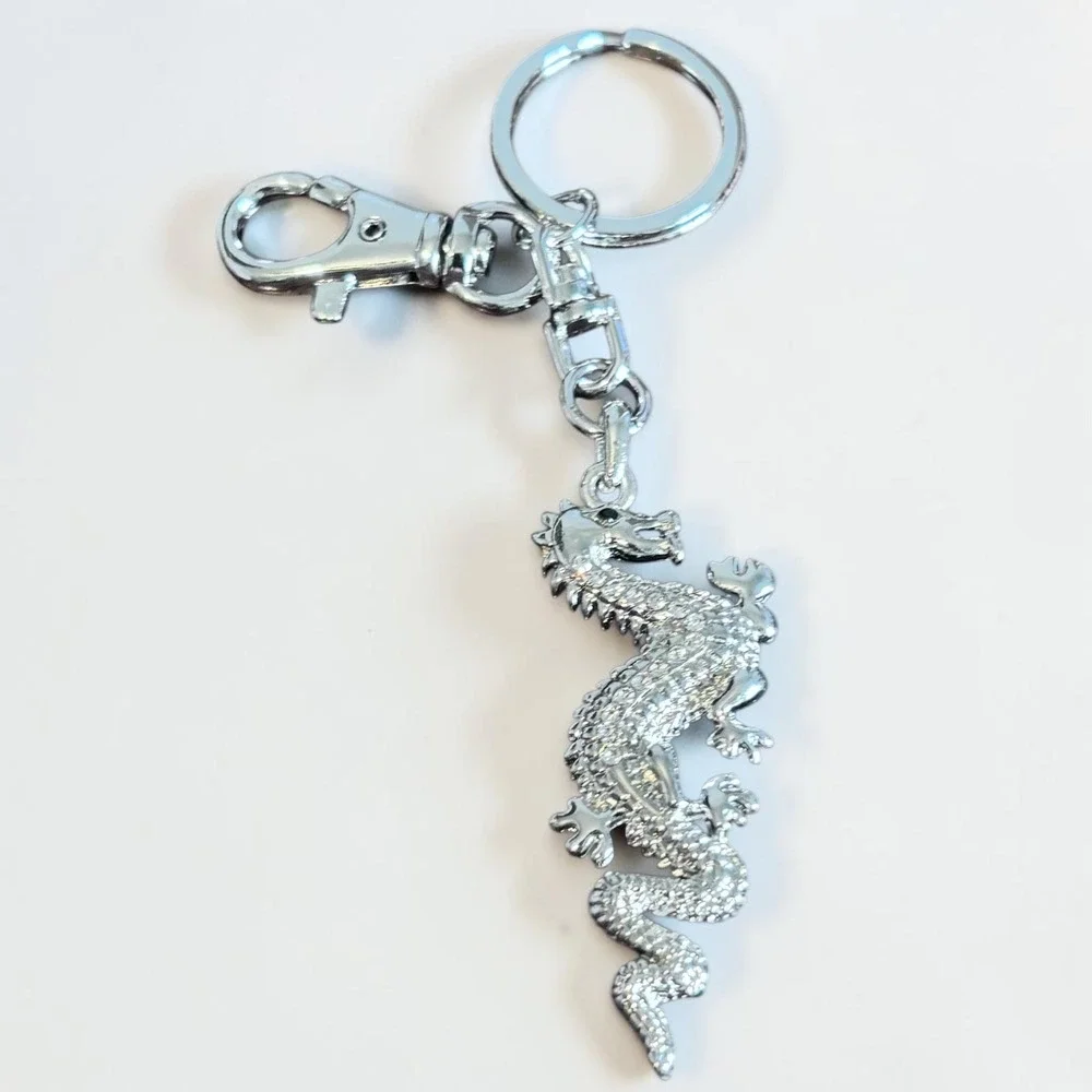 Silver Tone Dragon Keychain Rhinestone Crystal Bag Charm Lobster Clasp Accessory